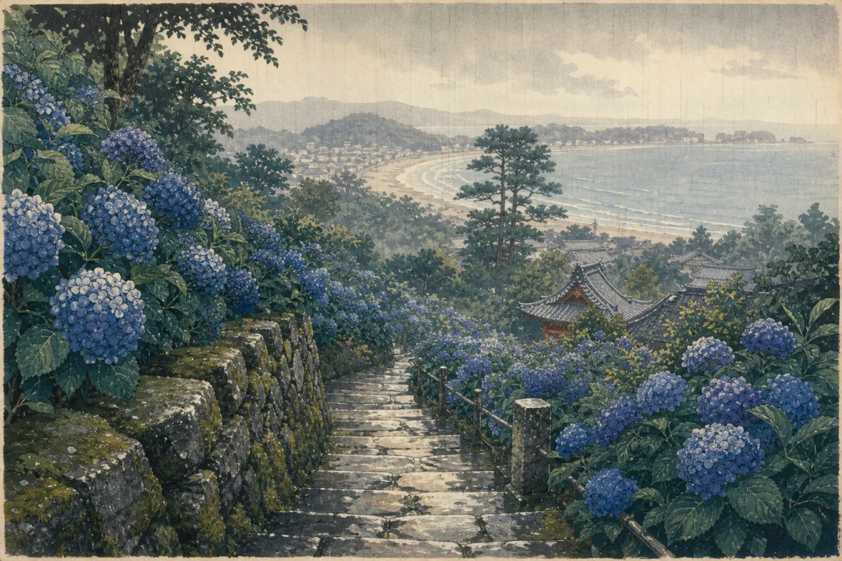 長谷寺あじさい路與雨中藍紫陽花、見晴台看由比ヶ浜的海・插圖